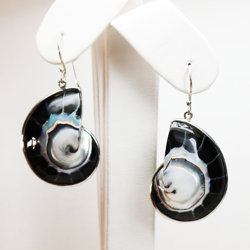 NEW! Black & Silver French Wire Seashell Earrings - Picture 5 of 15